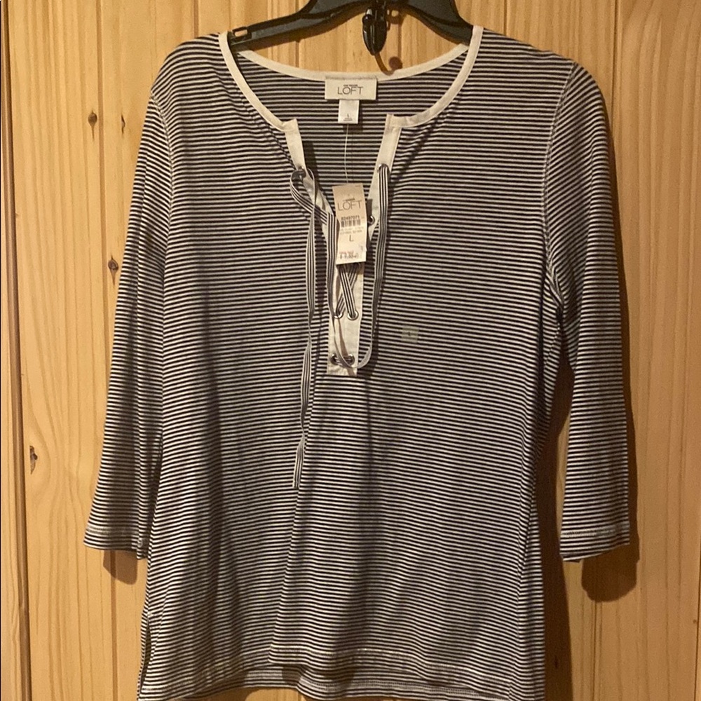 LOFT Black and White Tie Front Ribbed Blouse
